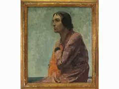 Ritratto femminile in un paesaggio marino (La spiritata II) 1932 by Baccio Maria Bacci, 1888, oil on canvas, offered Dec 2019