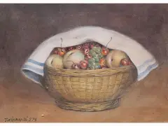 Fruit in a basket 1978 by Nino Tirinnanzi, 1923, watercolour on paper, offered Dec 2019