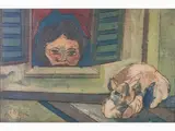 Girl with Cat by Beppe Serafini, 1915, oil on carved cardboard, offered Oct 2019