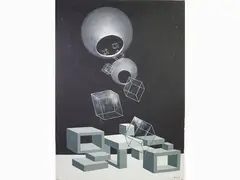 Compositions by Bruno Pecchioli, 1919, three acrylic paintings on faesite, offered Oct 2019