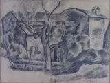 Mario Romoli, Landscape with Olive Trees and Houses 1927, 1908, pencil on paper