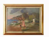 Seascape with Figures by Carlo Domenici, 1898, oil on faesite, offered Oct 2019