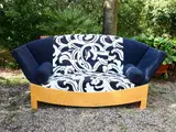 Hans Hollein, A "Mitzi" Sofa, Poltronova 1981, 1934, in legno d’acero imbottito e rivestito in stoffa nera e bianca con motivi a volute