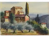 Tuscan Landscape with Houses by Nino Tirinnanzi, 1923, mixed media on cardboard partially laid on cardboard, offered Oct 2019