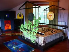 Brass and Wood "Cage" Bed, Mirabili Production by Max Ernst, 1891, testiere a tempietto centrate da litografie con specchio, offered Oct 2019