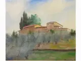 Tuscan Landscape 1975 by Nino Tirinnanzi, 1923, oil on canvas board, offered Oct 2019