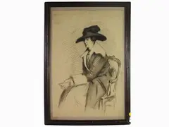 Portrait of a Woman with Hat by Emilio Mazzoni Zarini, 1869, mixed media on paper, offered Jun 2019