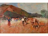 Country Landscape with Farmer by Carlo Domenici, 1898, oil on faesite, offered Jun 2019