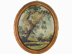 Landscape with Figures by Ferruccio Manganelli, 1883, oil painted on oval plaster, offered Mar 2019