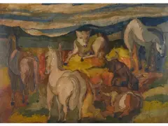 The Pasture by Beppe Serafini, 1915, oil on carved cardboard, offered Mar 2019