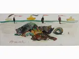 Antonio Possenti, SEascape with Still Life with Fish, 1933, mixed media painting on cardboard laid on cardboard
