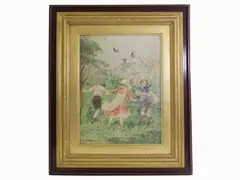 Fabio Fabbi, Spring Landscape with Children Playing, 1861, watercolour on paper laid on cardboard