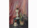 Pietro Dossola, Still Life woth Plant, Lamp and Coffee Cup, 1887, oil on canvas board