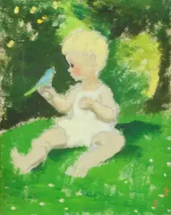 Baby and Budgerigar by Anna Zinkeisen, Sul verso: etichetta Fosse Gallery, offered Oct 2022