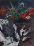Primo Conti, Folaga e gladioli (Natura morta con cacciagione)