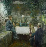 Luca Postiglione, Zampognari, In basso a sinistra: iscrizione "A [...] Maria Finizio/in ricordo di/L. Postiglione".