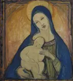Guido Ferroni, Madonna con bambino, Sul verso: firma.