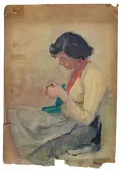 Carlo Varese, Woman sewing, Signature lower right.