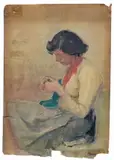 Carlo Varese, Woman sewing, Signature lower right.
