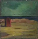 Umberto Ravazzi, Cabin on the beach, 1946, Sign at the bottom to the left. On the reverse: signature and date.