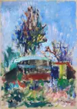 Trees and shacks by Giovanni Omiccioli, Signature lower right. On the reverse: dedication., offered Sep 2022