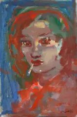 Girl with cigarette by Mino Maccari, 1955, Signature and date lower right. On the reverse: declaration of authenticity by the author. Authentication on photo, offered Jul 2022