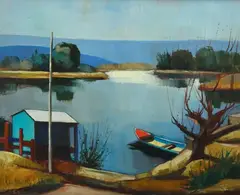 Landscape with river and boat by Silvio Polloni, 1952, Signature and date lower left., offered Jul 2022
