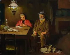 Old people at the table with dog by Carlo Passigli, Sign at the bottom to the left. On the reverse: signature and title., offered Jul 2022