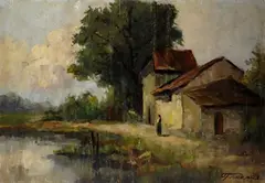 Arturo Ferrari, Farmhouse on the canal with peasant woman, Signature lower right.