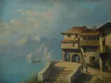 Giuseppe Canella, Landscape on the lake with houses and figures