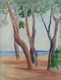 Achille Funi, Pines on the beach, Sign at the bottom to the left.