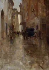 Attilio Pratella, Road with carriage and figures, Signature lower right.