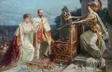 Fortunino Matania, George V and Mary of Teck crowned by the personification of England, Signature lower right.