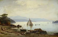 Glimpse of the coast with fishing boats by Hermann David Salomon Corrodi, Sign at the bottom to the left., offered Jun 2022