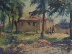 Cottage and figures (front); boats in the harbor (towards) by Francesco Bausi, Signature lower right., offered Jun 2022