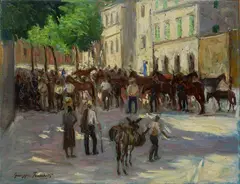 Visit of horses to Sorana by Giuseppe Fraschetti, Sign at the bottom to the left. On the reverse: title, offered Jun 2022