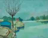 Silvio Polloni, Landscape with river, Signature lower right.