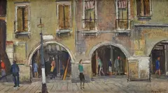 Arcades in Chioggia by Orazio Pigato, Signature lower right. On the reverse: signature and title., offered May 2022