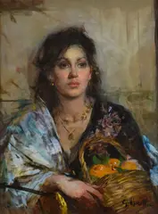 Giacomo Moretti, Portrait of a commoner with a basket of fruit, Signature lower right. & Nbsp;