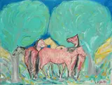 Giuseppe Cesetti, Horses under the trees, Signature lower right. On the reverse: label and stamps Galleria d'Arte Margutta