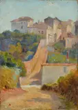 Filadelfo Simi, Landscape with houses, Signature lower right.