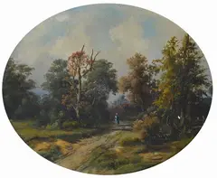 Károly Markó the Younger, Landscape with country road and figure, Coeval frame in gilded wood.
