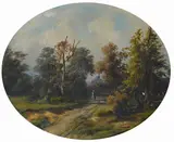 Károly Markó the Younger, Landscape with country road and figure, Coeval frame in gilded wood.