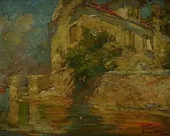 Vittore Zanetti Zilla, House on the canal, Signature lower right.