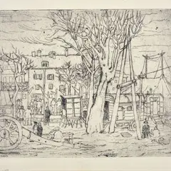 Wagon and peasants by Remo Brindisi, Sign at the bottom to the left. On the reverse: printed label "Engraving purchased at the Stat. Art Institute, offered Mar 2022