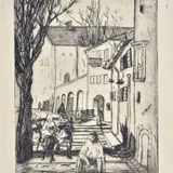 Remo Brindisi, Glimpse of the village with figures, Sign at the bottom to the left. On the reverse: printed label "Engraving purchased at the Stat. Art Institute