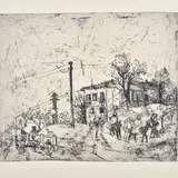 Remo Brindisi, Farmhouse, Sign at the bottom to the left. On the reverse: printed label "Engraving purchased at the Stat. Art Institute