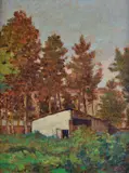 Mario Menichetti, Shed in the garden (front), Marina at sunset (towards), Sign at the bottom to the left. On the reverse: initials lower right.