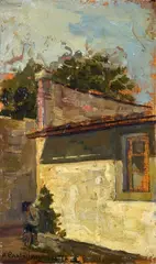 Paride Castellan, Glimpse of house with figure, Sign at the bottom to the left.