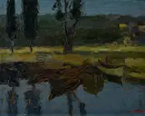 Adriano Bogoni, Boats at the lake, 1932, Signature and date lower right.